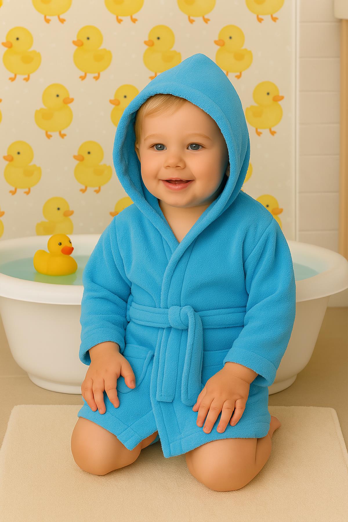 CottonVerse Bebek & Çocuk Kapşonlu Bornoz – %100 Pamuk, Unisex Mavi - Ender Home