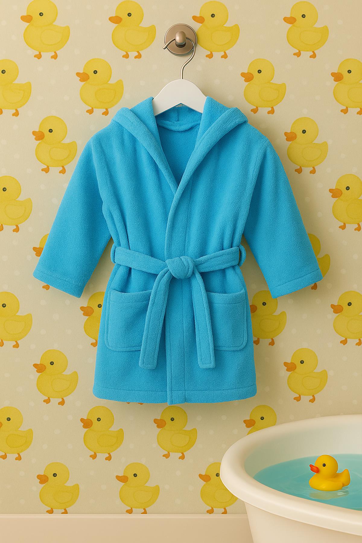 CottonVerse Bebek & Çocuk Kapşonlu Bornoz – %100 Pamuk, Unisex Mavi - Ender Home