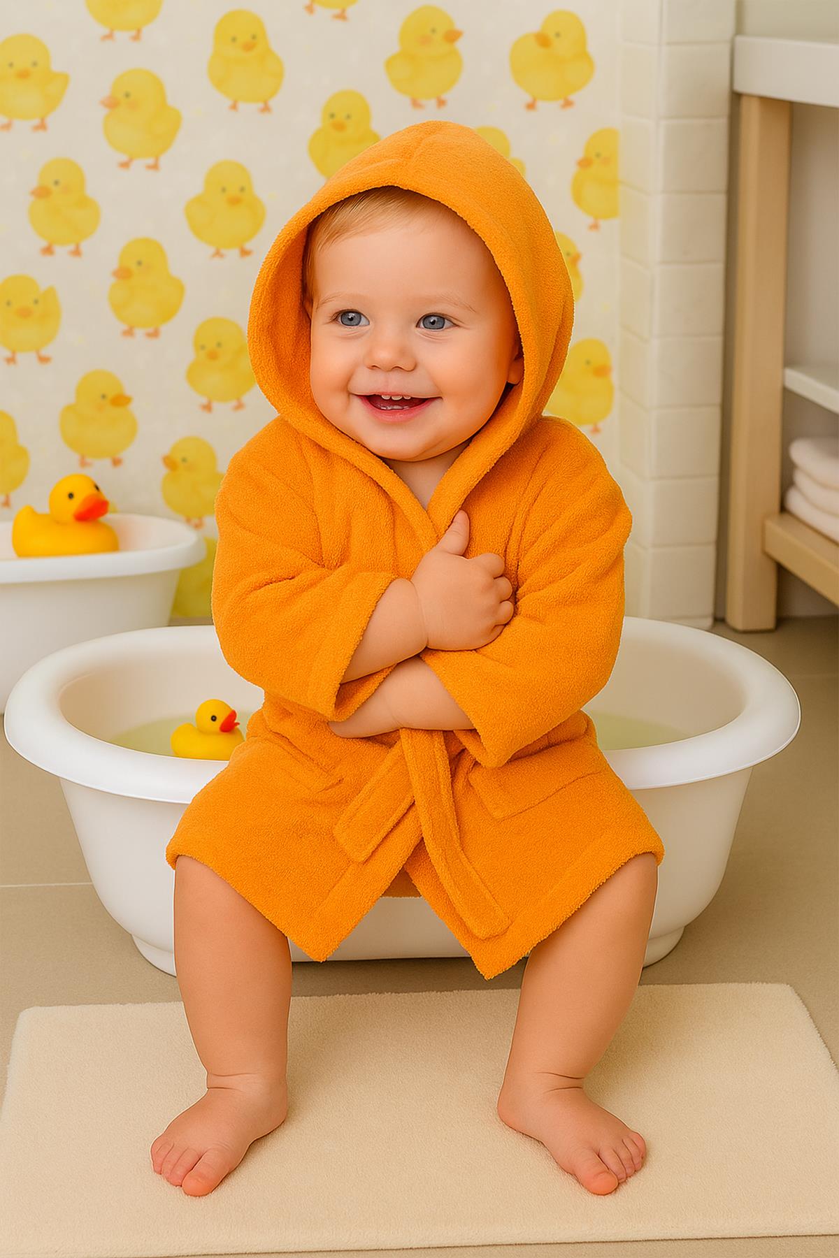 CottonVerse Bebek & Çocuk Kapşonlu Bornoz – %100 Pamuk, Unisex Oranj - Ender Home