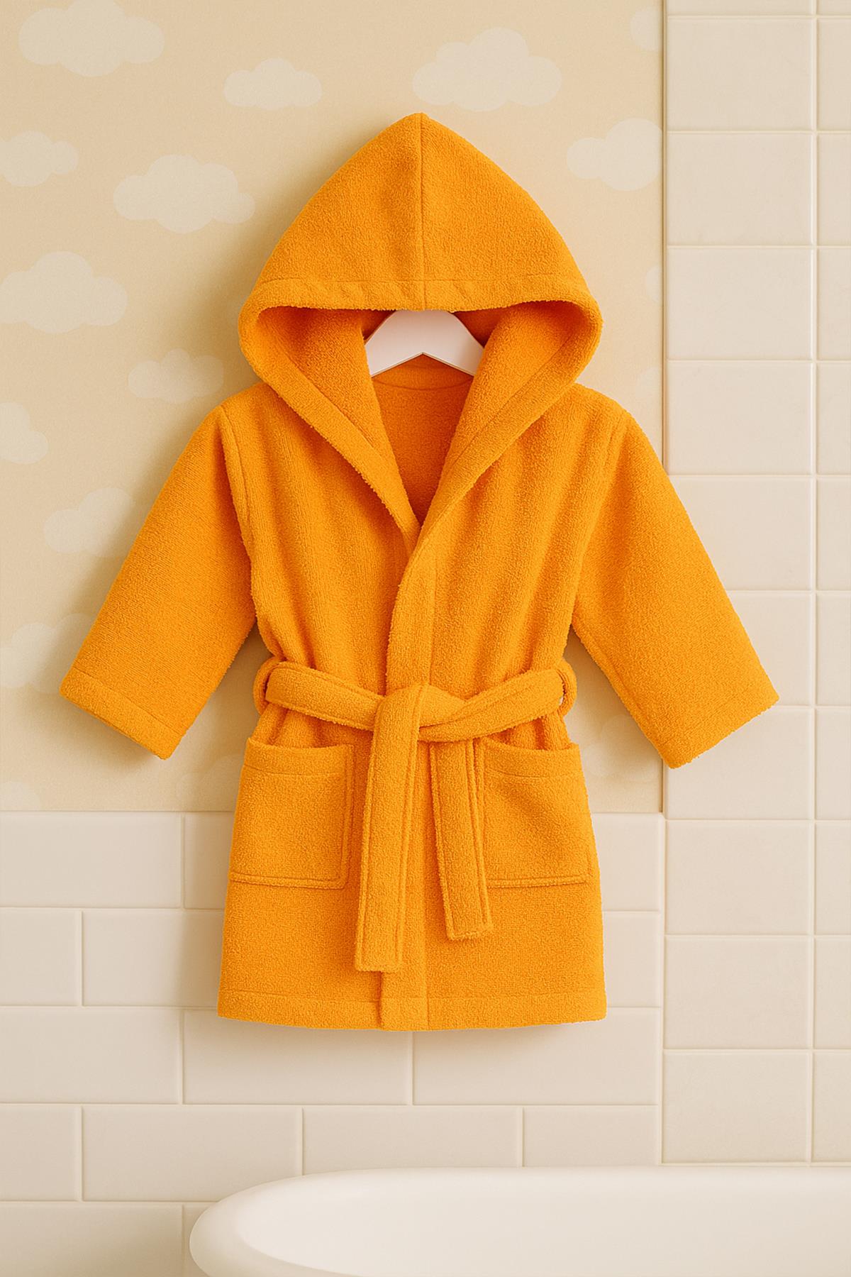 CottonVerse Bebek & Çocuk Kapşonlu Bornoz – %100 Pamuk, Unisex Oranj - Ender Home