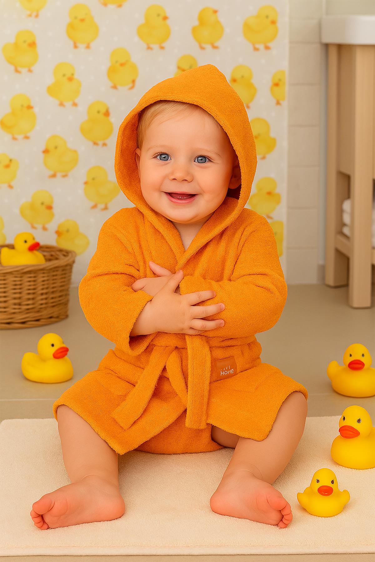 CottonVerse Bebek & Çocuk Kapşonlu Bornoz – %100 Pamuk, Unisex Oranj - Ender Home