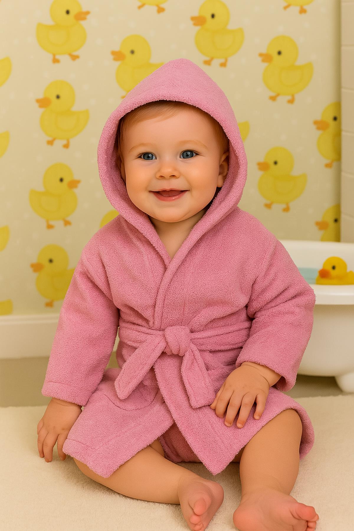 CottonVerse Bebek & Çocuk Kapşonlu Bornoz – %100 Pamuk, Unisex Pembe - Ender Home