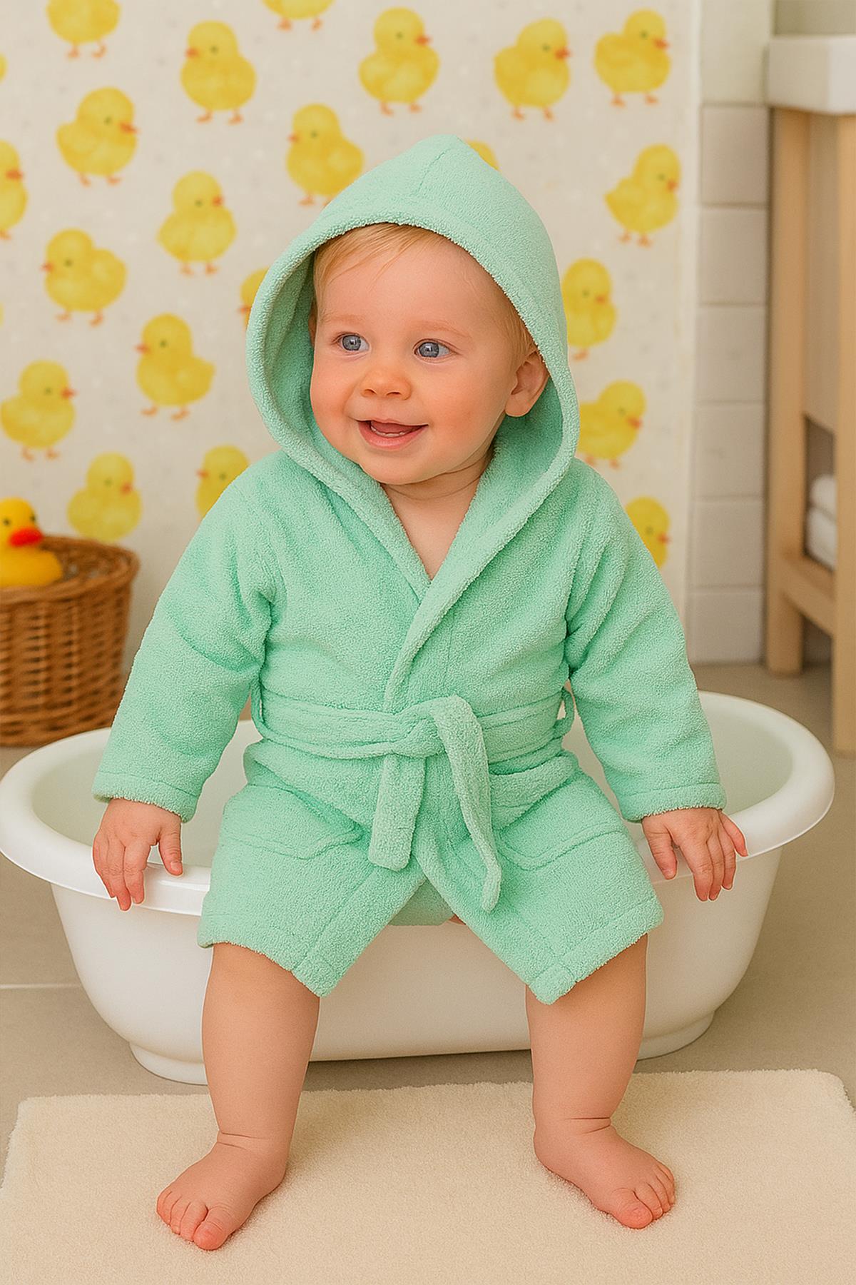 CottonVerse Bebek & Çocuk Kapşonlu Bornoz – %100 Pamuk, Unisex Su Yeşili - Ender Home