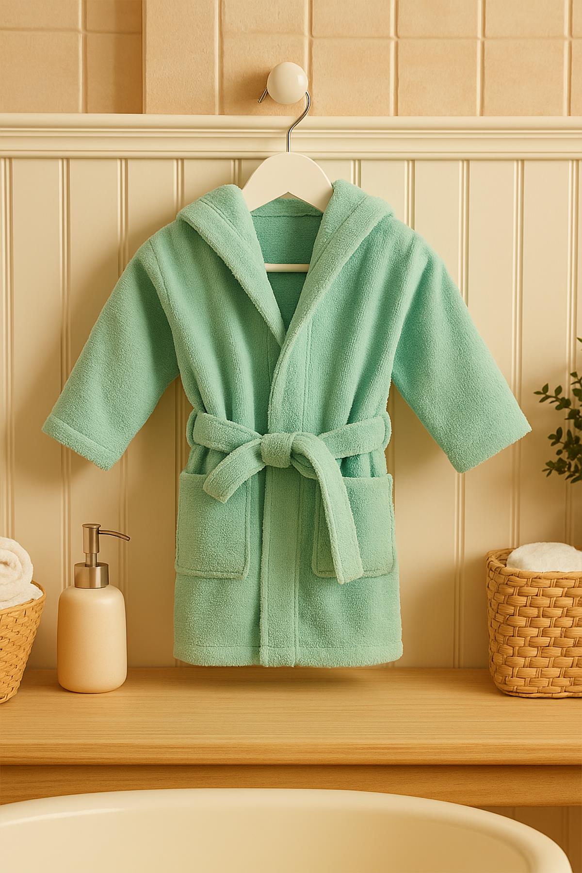 CottonVerse Bebek & Çocuk Kapşonlu Bornoz – %100 Pamuk, Unisex Su Yeşili - Ender Home