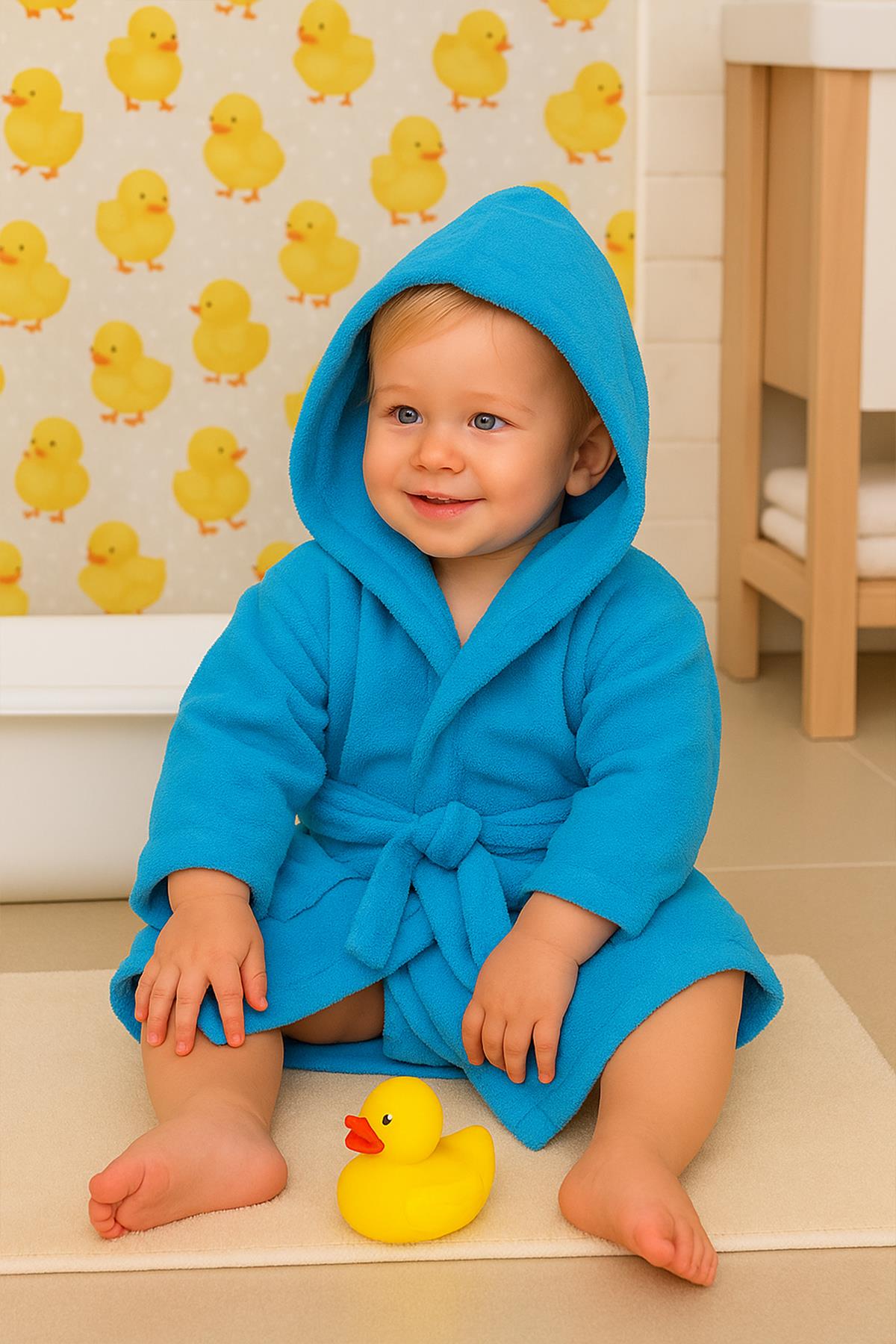 CottonVerse Bebek & Çocuk Kapşonlu Bornoz – %100 Pamuk, Unisex Turkuaz - Ender Home