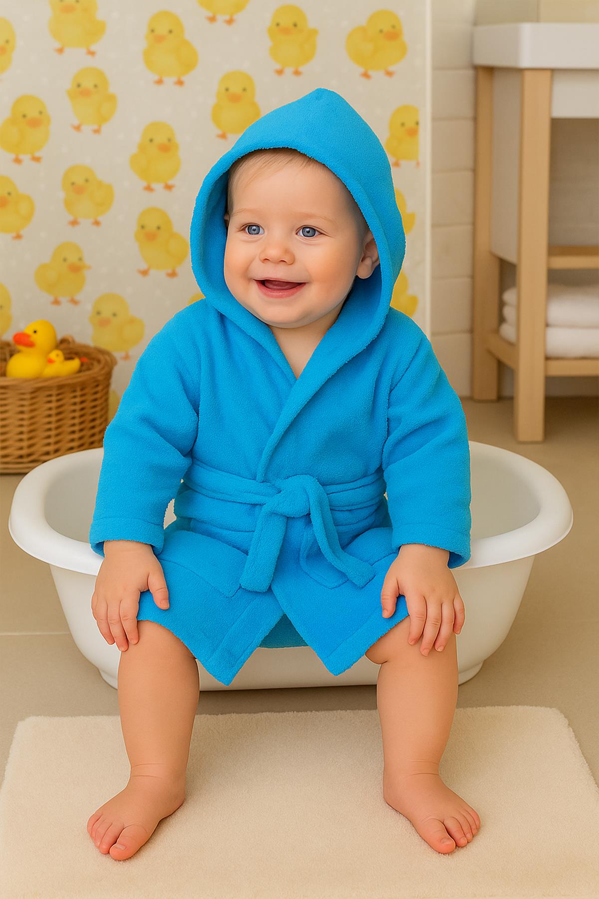 CottonVerse Bebek & Çocuk Kapşonlu Bornoz – %100 Pamuk, Unisex Turkuaz - Ender Home