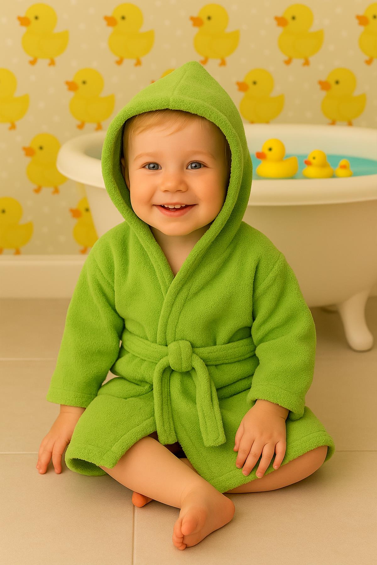 CottonVerse Bebek & Çocuk Kapşonlu Bornoz – %100 Pamuk, Unisex Yeşil - Ender Home