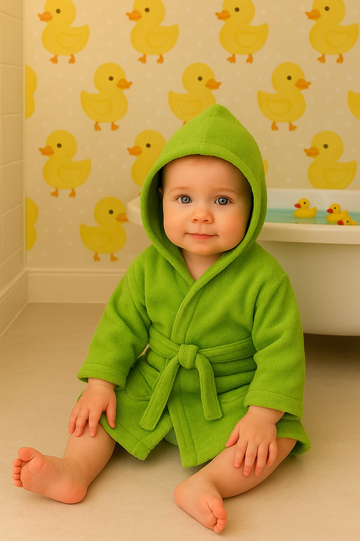 CottonVerse Bebek & Çocuk Kapşonlu Bornoz – %100 Pamuk, Unisex Yeşil - Ender Home