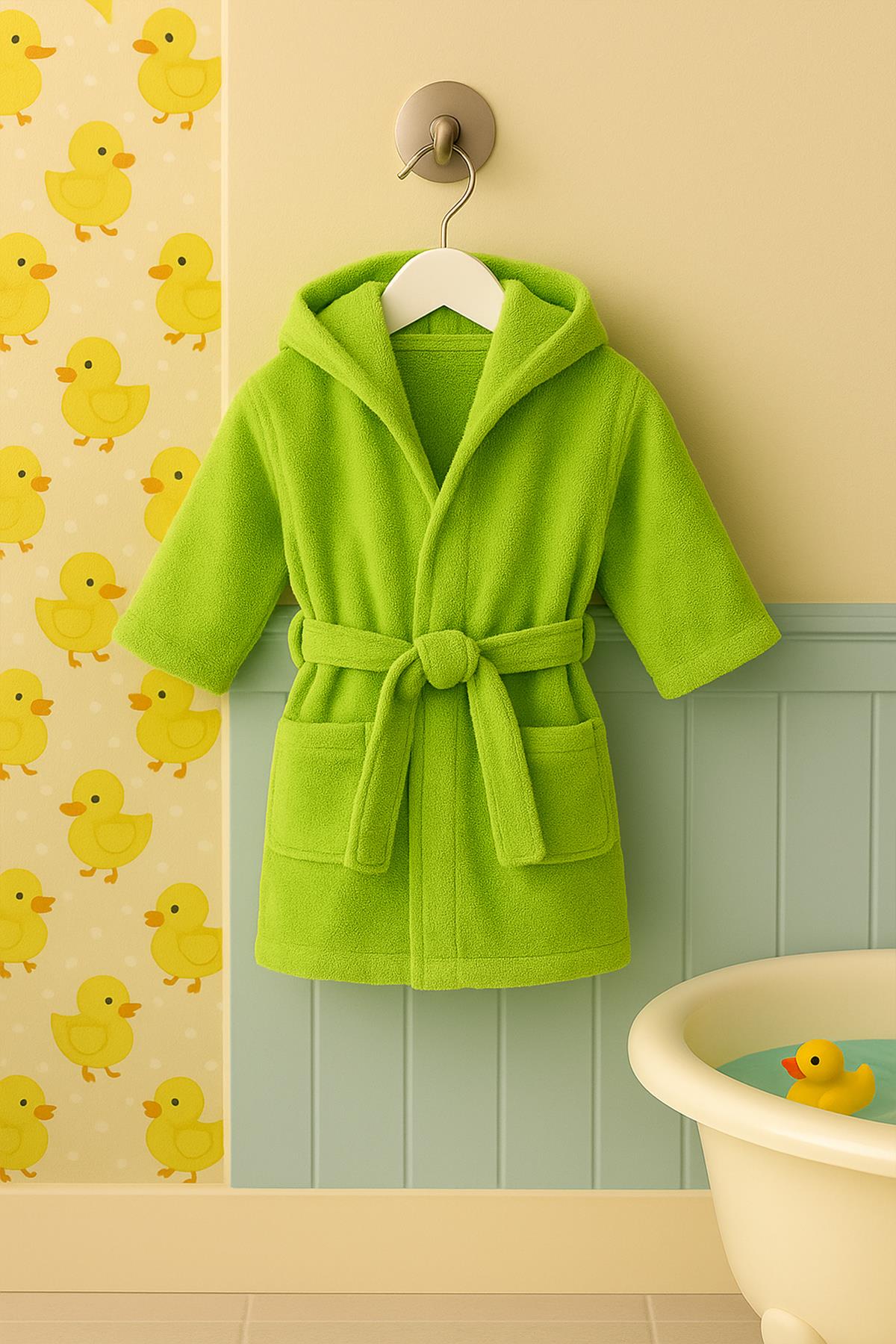 CottonVerse Bebek & Çocuk Kapşonlu Bornoz – %100 Pamuk, Unisex Yeşil - Ender Home