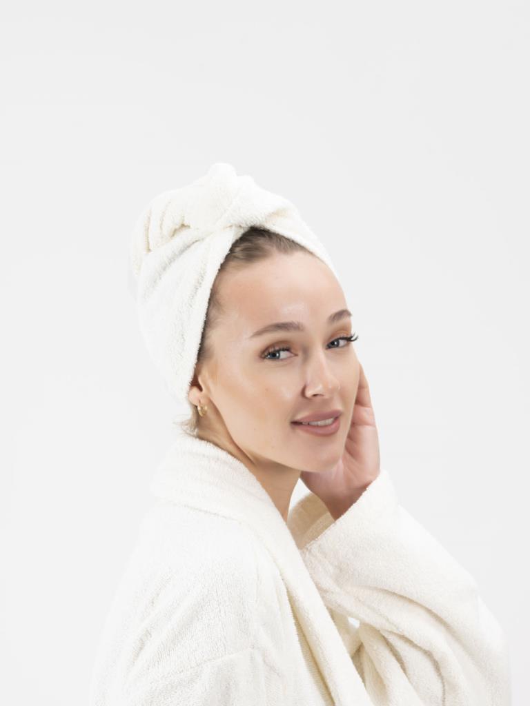 CottonVerse Düğmeli %100 Pamuk Saç Kurulama Bonesi Ekru - Ender Home