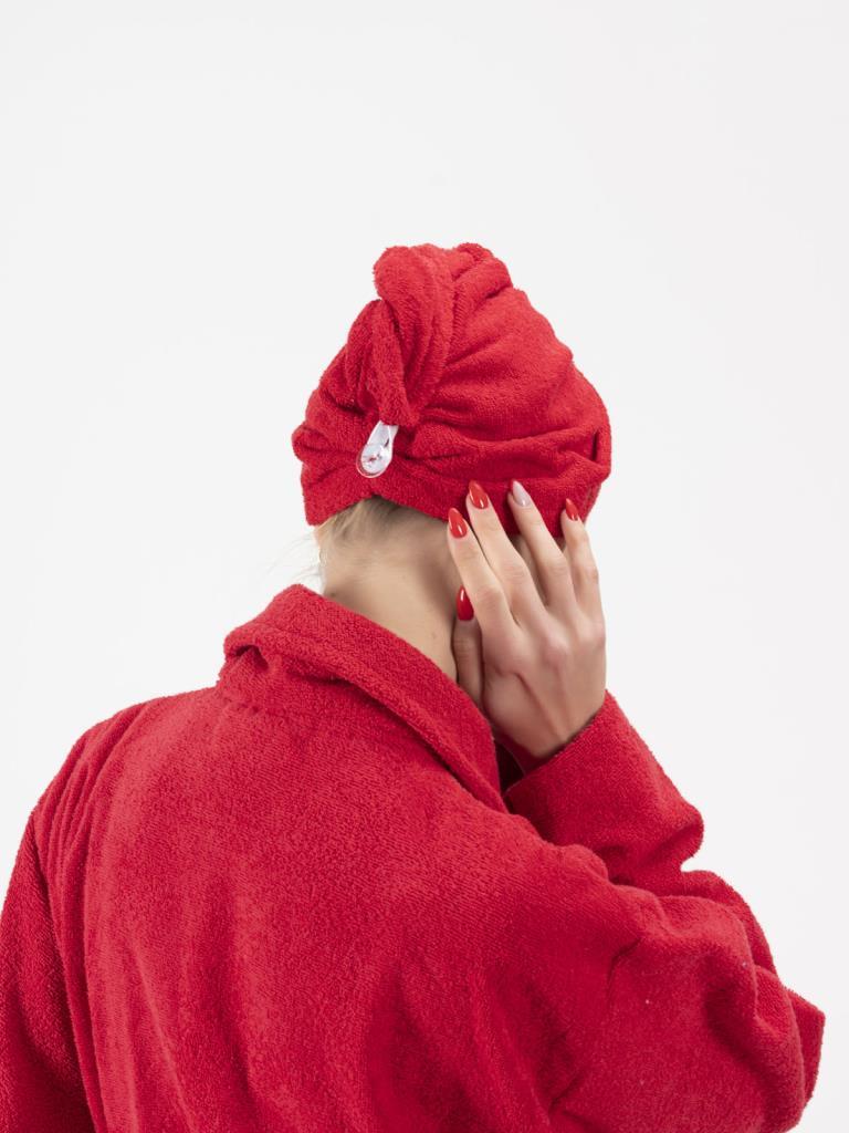 CottonVerse Düğmeli %100 Pamuk Saç Kurulama Bonesi Kırmızı - Ender Home