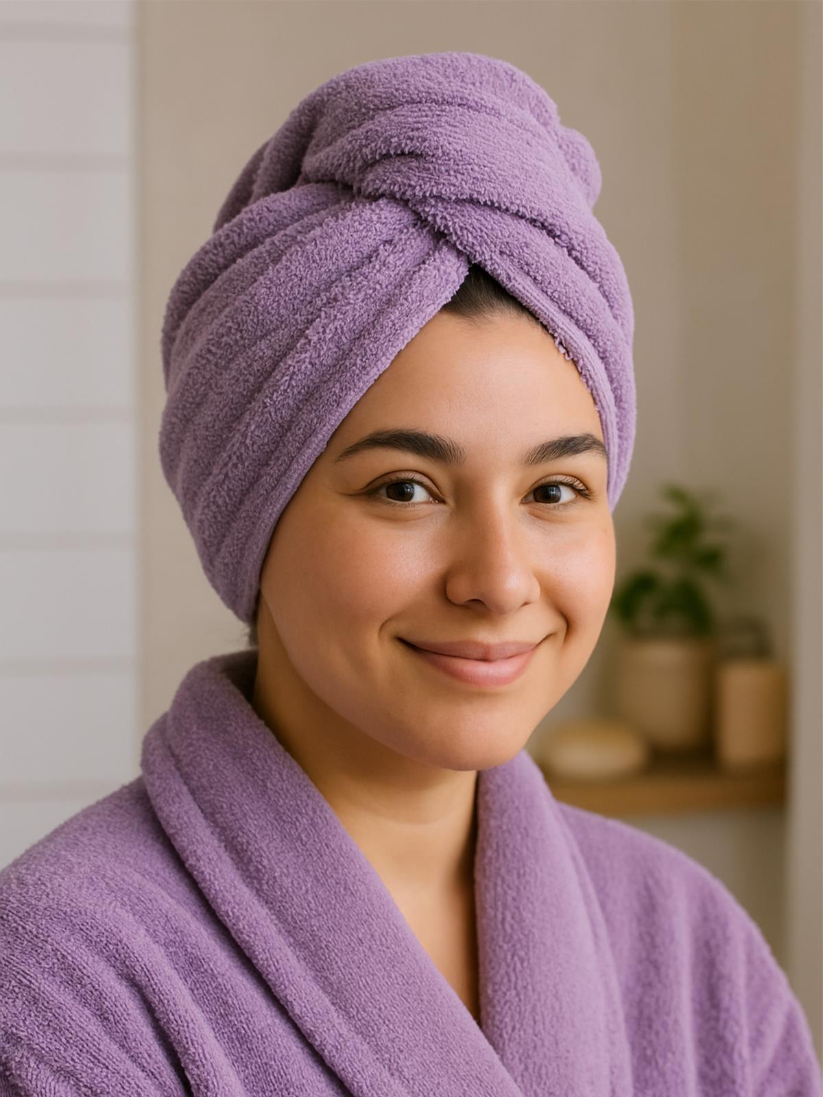 CottonVerse Düğmeli %100 Pamuk Saç Kurulama Bonesi Lila - Ender Home