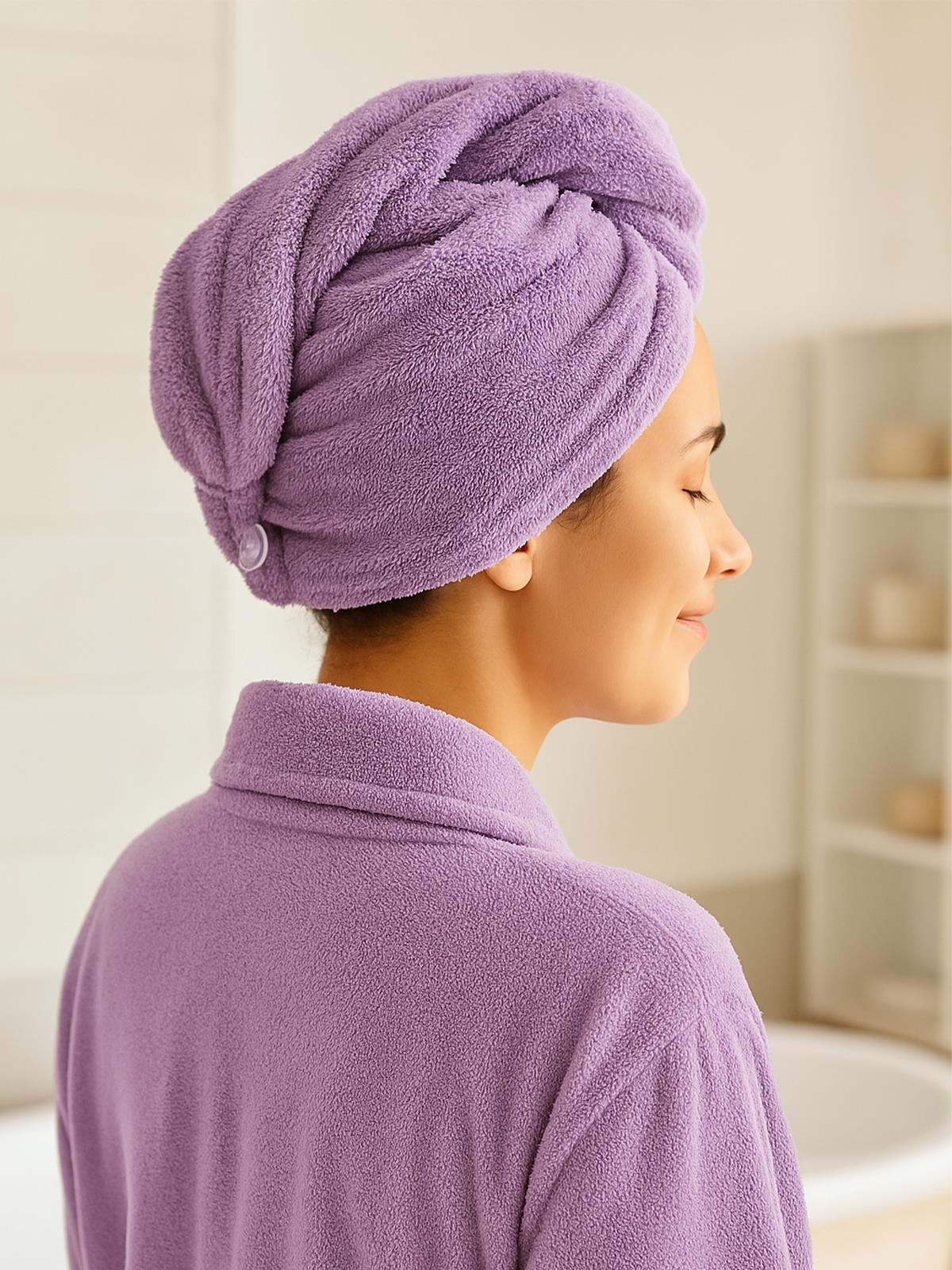 CottonVerse Düğmeli %100 Pamuk Saç Kurulama Bonesi Lila - Ender Home