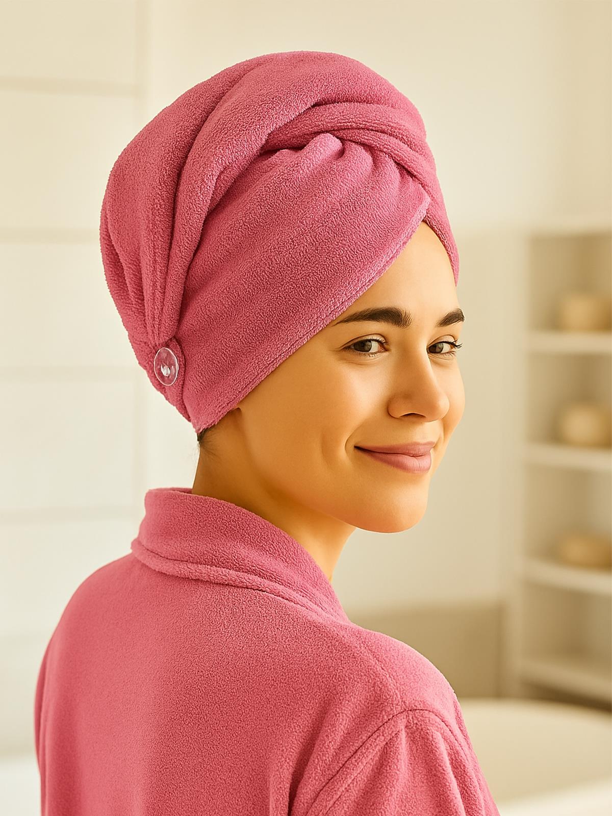 CottonVerse Düğmeli %100 Pamuk Saç Kurulama Bonesi Pembe - Ender Home