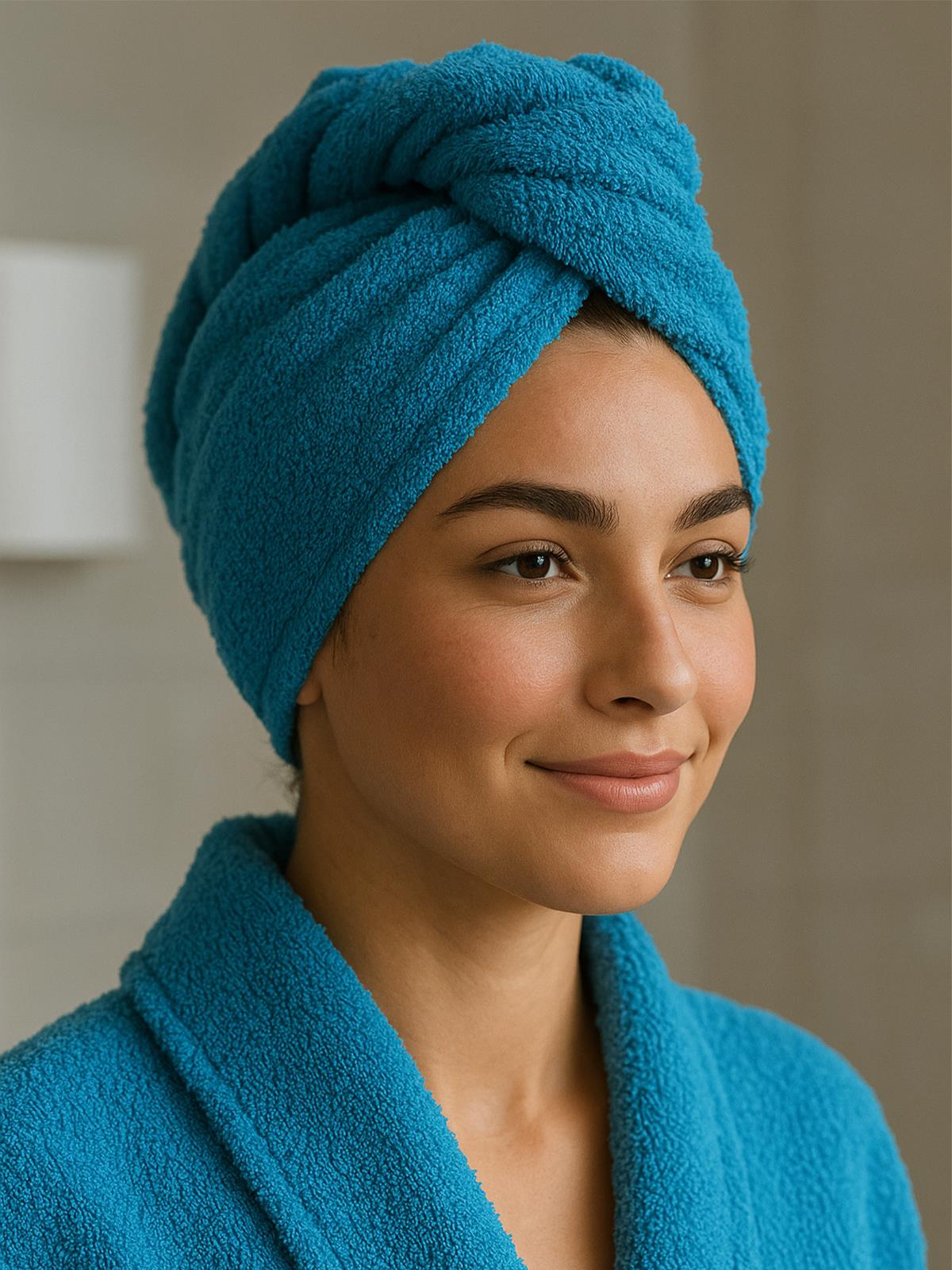 CottonVerse Düğmeli %100 Pamuk Saç Kurulama Bonesi Turkuaz - Ender Home