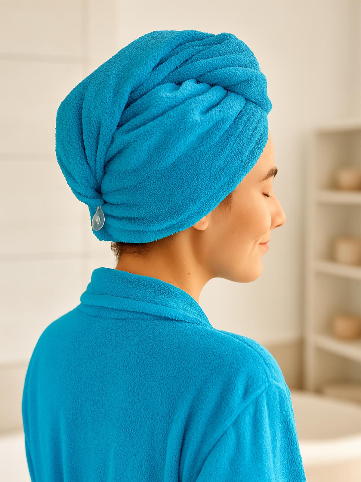 CottonVerse Düğmeli %100 Pamuk Saç Kurulama Bonesi Turkuaz - Ender Home