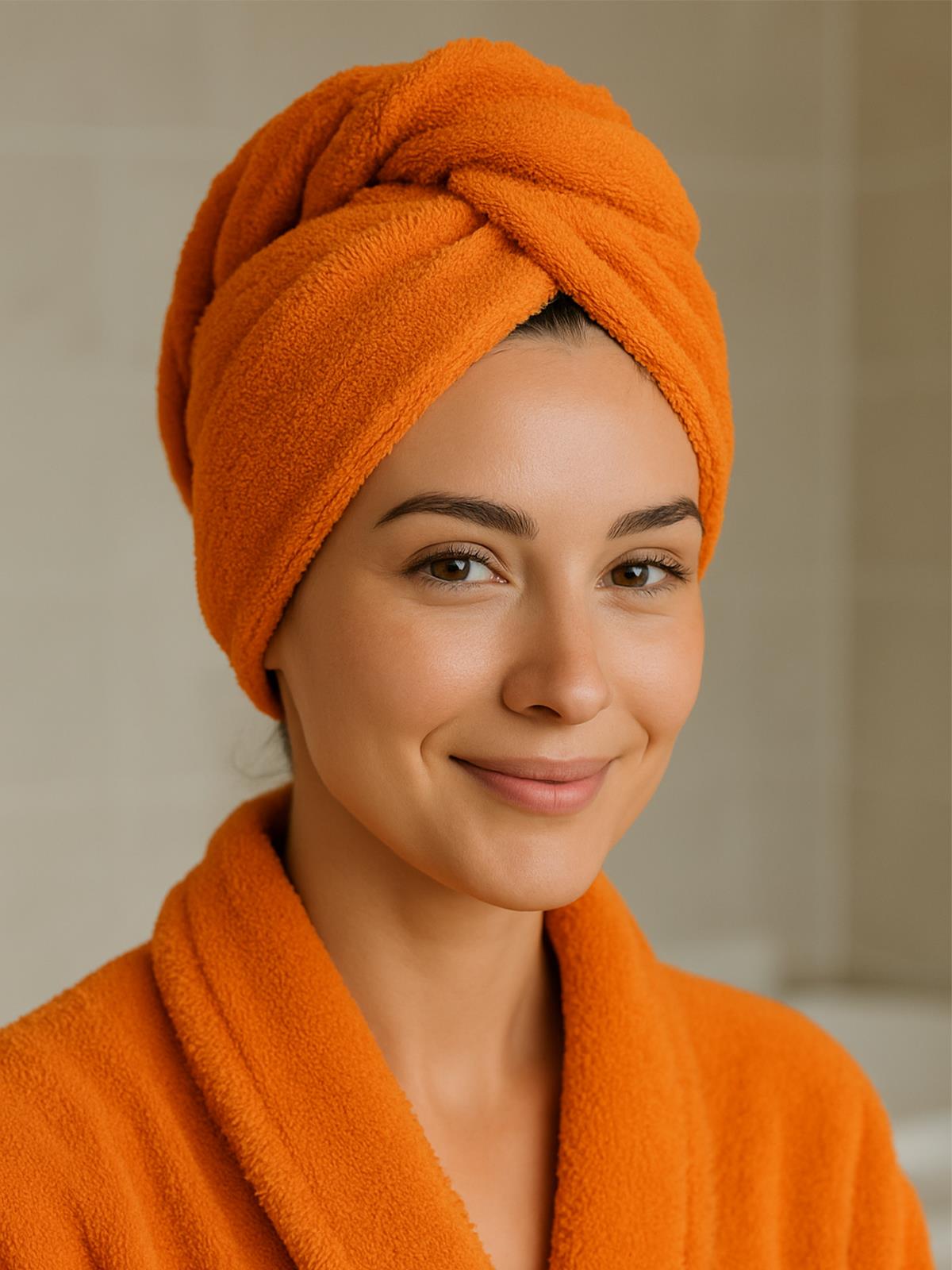 CottonVerse Düğmeli %100 Pamuk Saç Kurulama Bonesi Turuncu - Ender Home