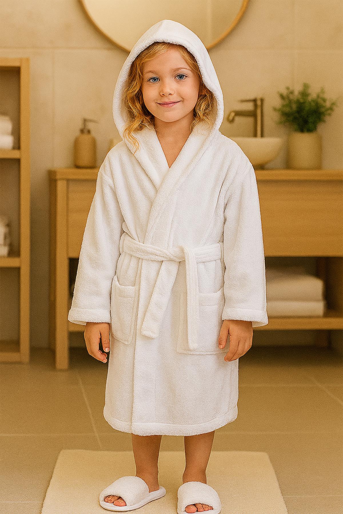 CottonVerse Genç & Çocuk Kapşonlu Bornoz – %100 Pamuk, Unisex Beyaz - Ender Home