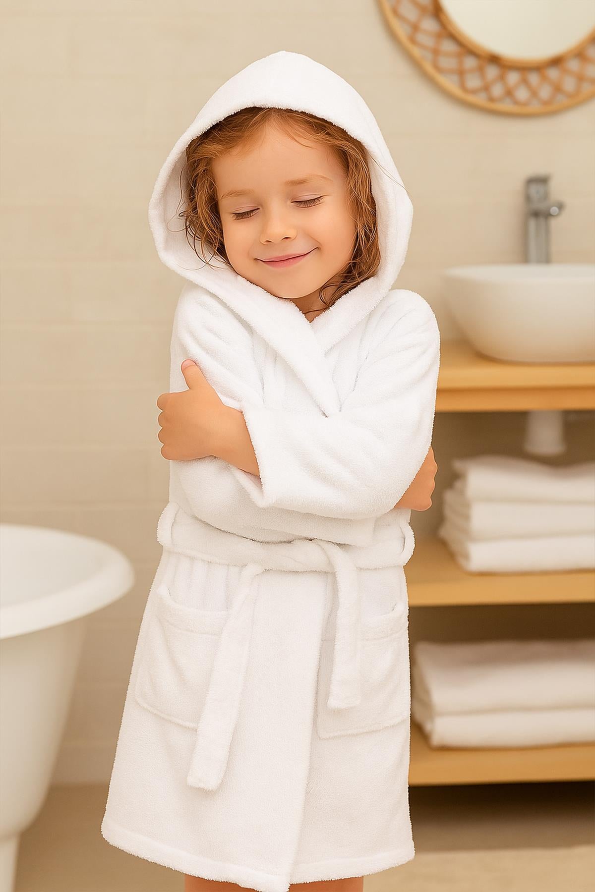 CottonVerse Genç & Çocuk Kapşonlu Bornoz – %100 Pamuk, Unisex Beyaz - Ender Home