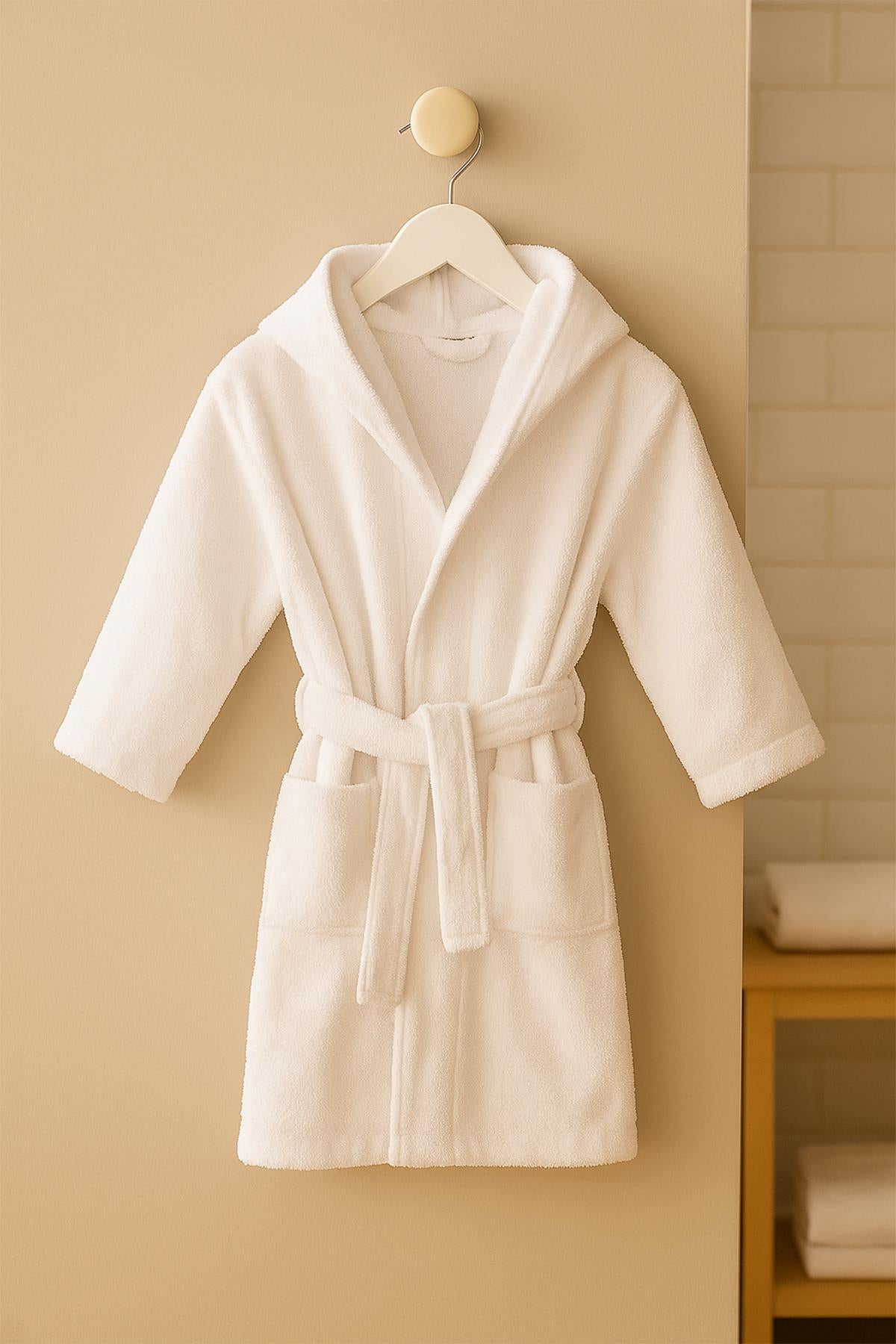 CottonVerse Genç & Çocuk Kapşonlu Bornoz – %100 Pamuk, Unisex Beyaz - Ender Home