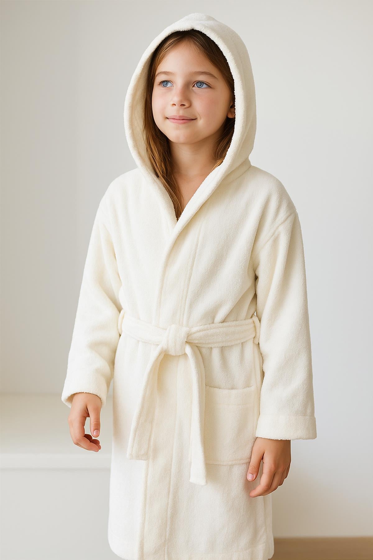 CottonVerse Genç & Çocuk Kapşonlu Bornoz – %100 Pamuk, Unisex Ekru - Ender Home