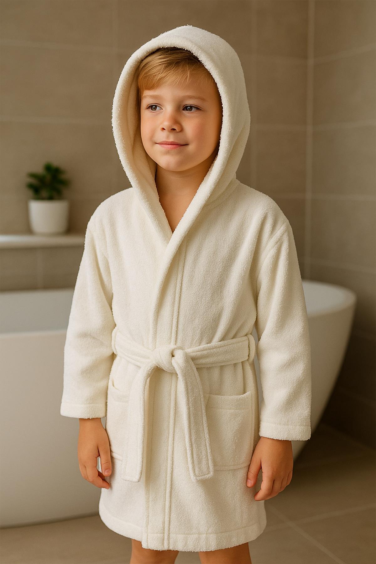 CottonVerse Genç & Çocuk Kapşonlu Bornoz – %100 Pamuk, Unisex Ekru - Ender Home