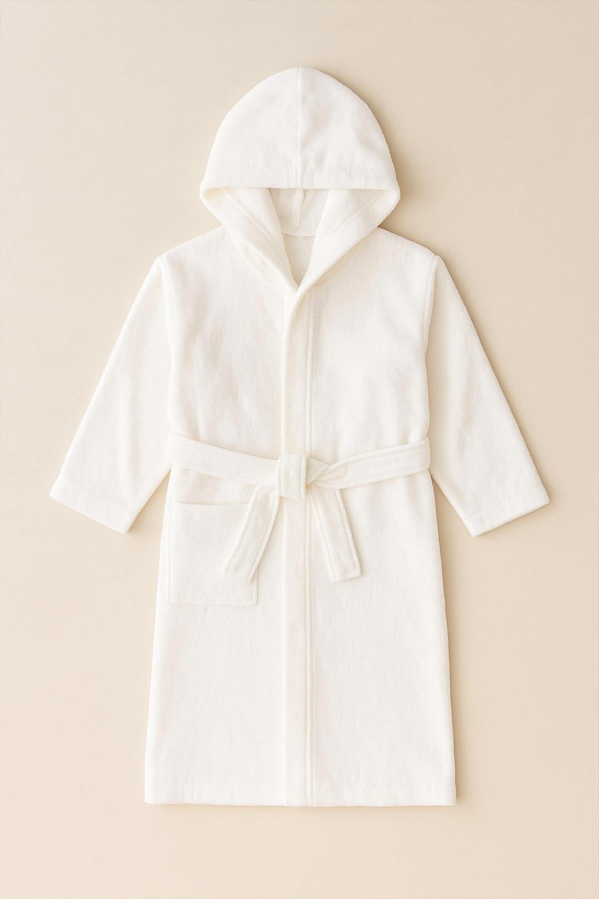 CottonVerse Genç & Çocuk Kapşonlu Bornoz – %100 Pamuk, Unisex Ekru - Ender Home