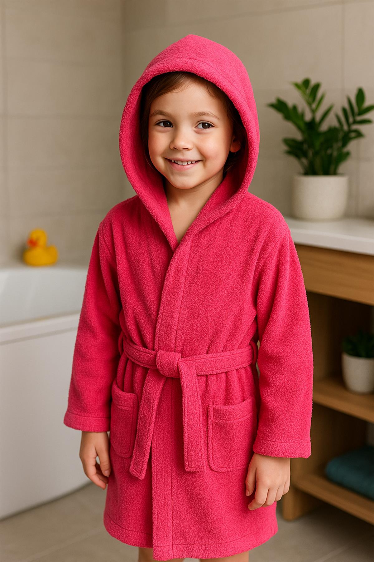 CottonVerse Genç & Çocuk Kapşonlu Bornoz – %100 Pamuk, Unisex Fuşya - Ender Home