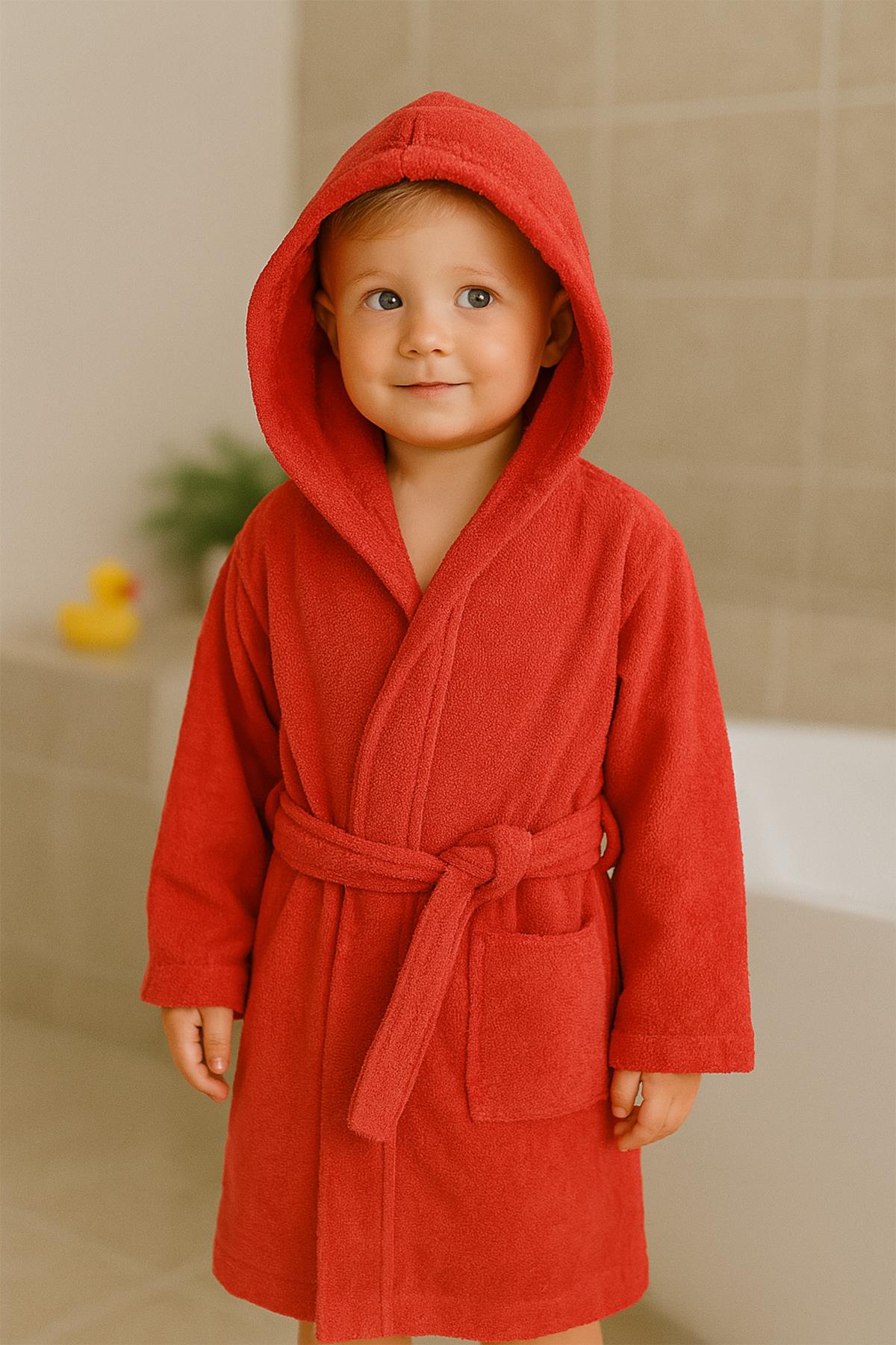 CottonVerse Genç & Çocuk Kapşonlu Bornoz – %100 Pamuk, Unisex Kırmızı - Ender Home