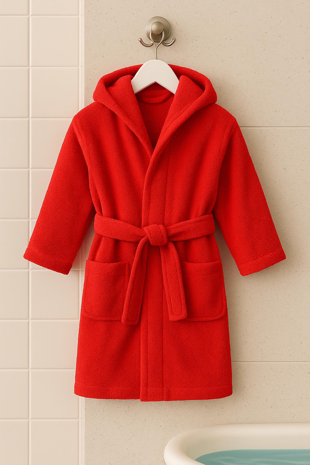 CottonVerse Genç & Çocuk Kapşonlu Bornoz – %100 Pamuk, Unisex Kırmızı - Ender Home