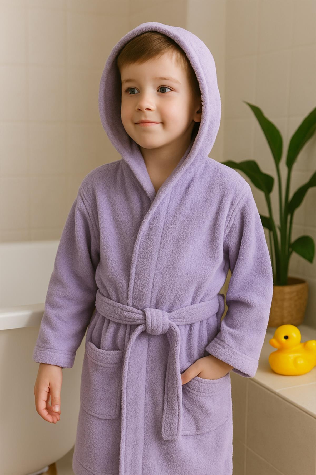 CottonVerse Genç & Çocuk Kapşonlu Bornoz – %100 Pamuk, Unisex Lila - Ender Home