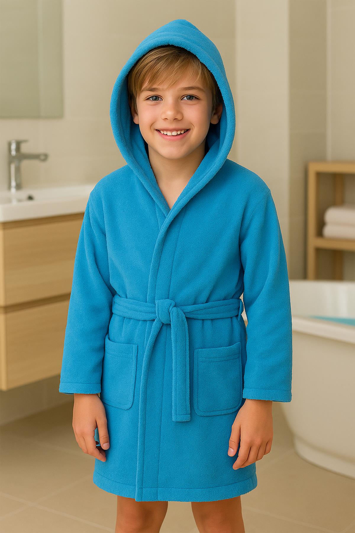 CottonVerse Genç & Çocuk Kapşonlu Bornoz – %100 Pamuk, Unisex Mavi - Ender Home