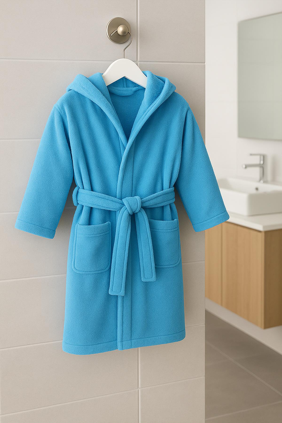 CottonVerse Genç & Çocuk Kapşonlu Bornoz – %100 Pamuk, Unisex Mavi - Ender Home