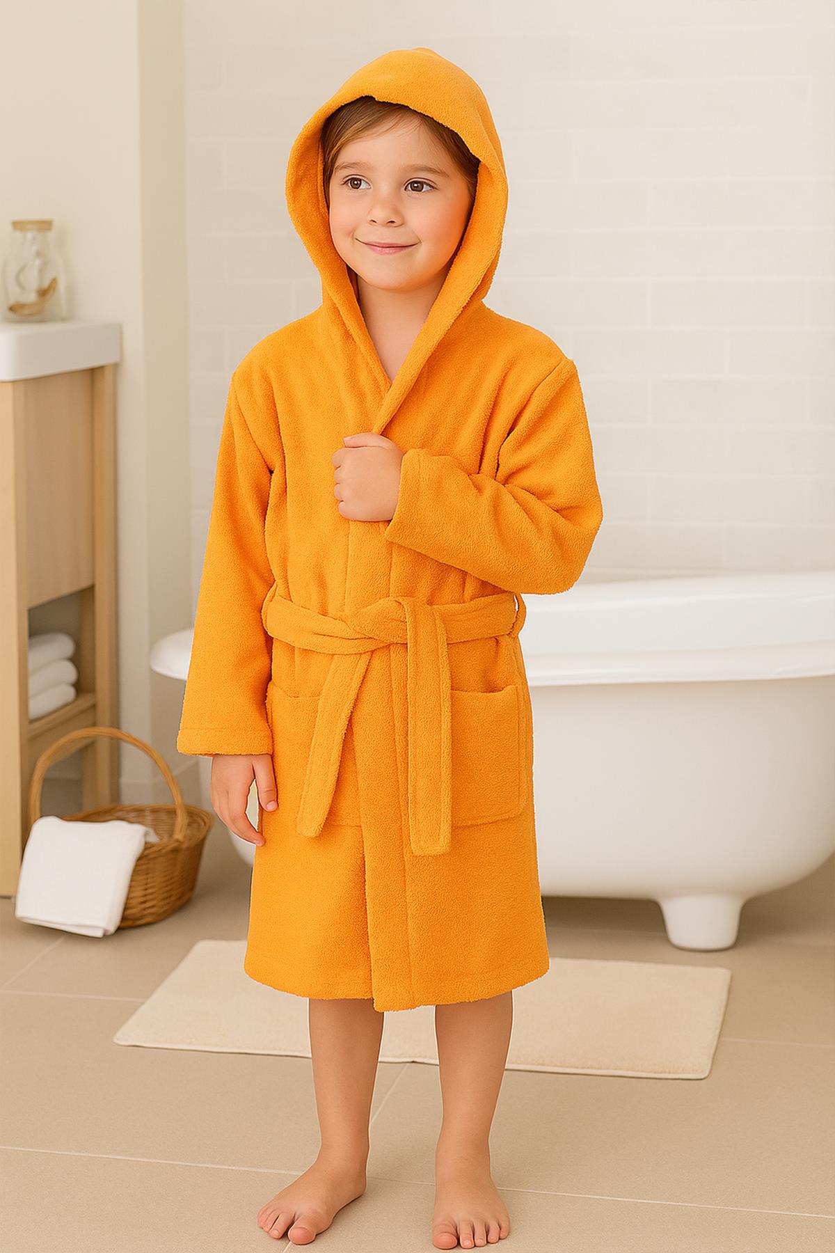 CottonVerse Genç & Çocuk Kapşonlu Bornoz – %100 Pamuk, Unisex Oranj - Ender Home