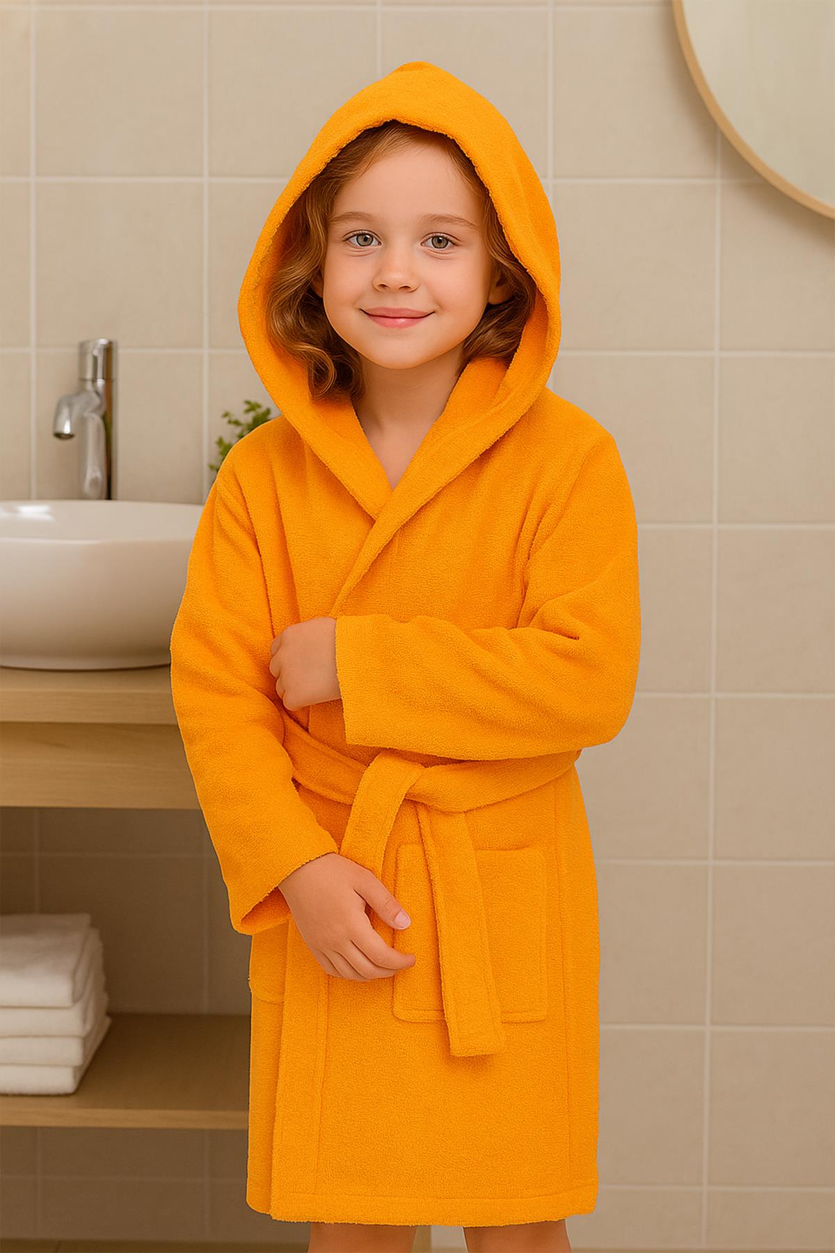 CottonVerse Genç & Çocuk Kapşonlu Bornoz – %100 Pamuk, Unisex Oranj - Ender Home