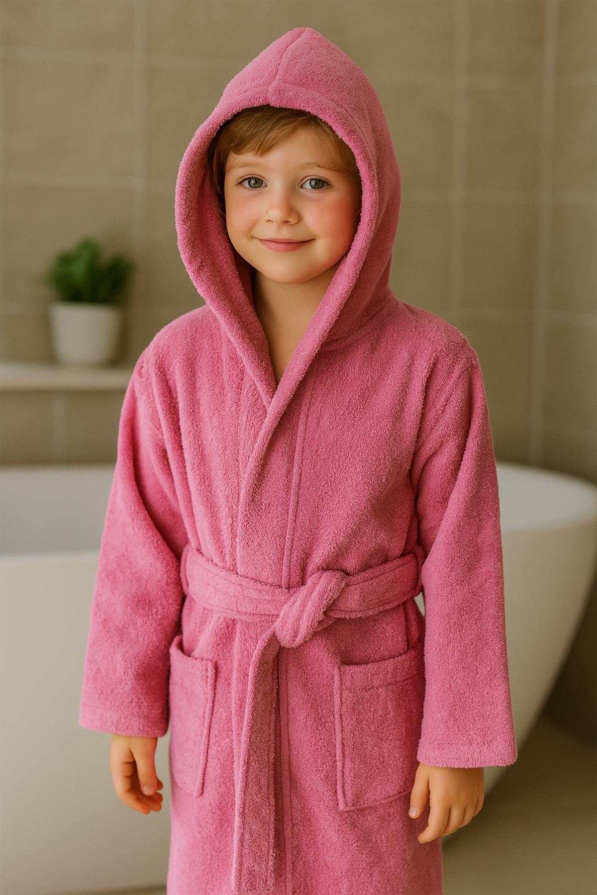 CottonVerse Genç & Çocuk Kapşonlu Bornoz – %100 Pamuk, Unisex Pembe - Ender Home