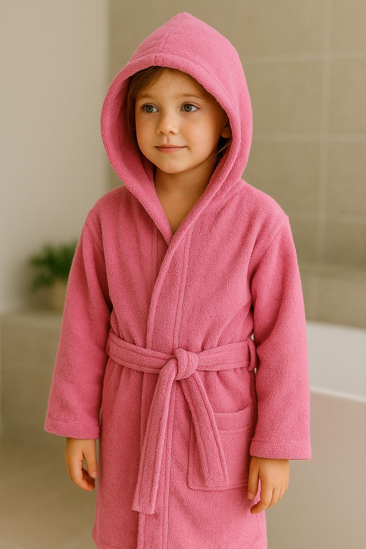 CottonVerse Genç & Çocuk Kapşonlu Bornoz – %100 Pamuk, Unisex Pembe - Ender Home