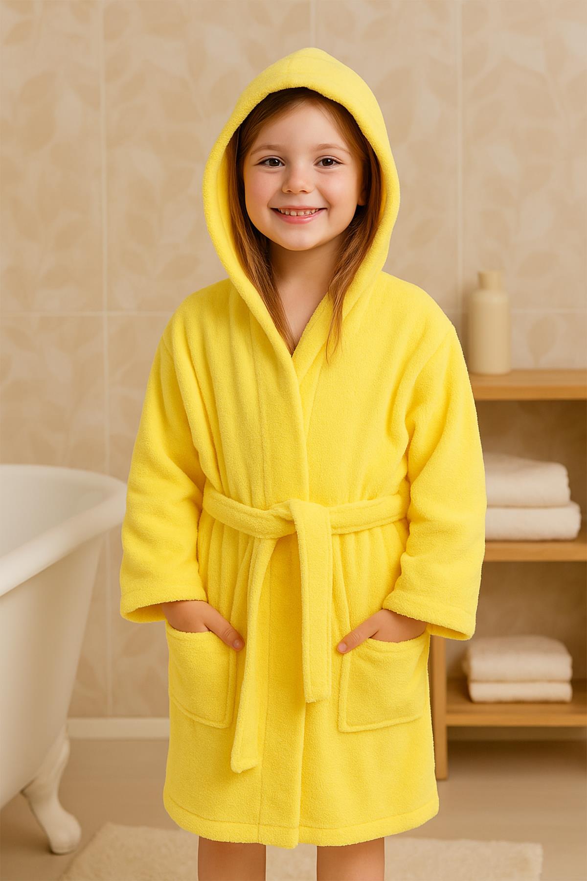 CottonVerse Genç & Çocuk Kapşonlu Bornoz – %100 Pamuk, Unisex Sarı - Ender Home