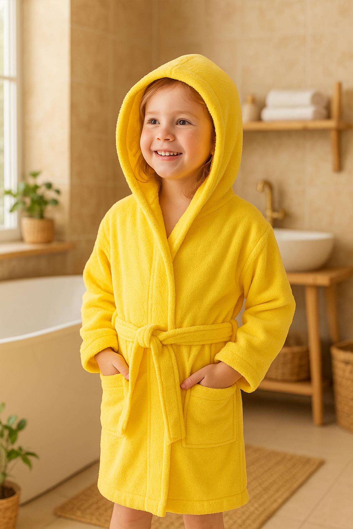 CottonVerse Genç & Çocuk Kapşonlu Bornoz – %100 Pamuk, Unisex Sarı - Ender Home