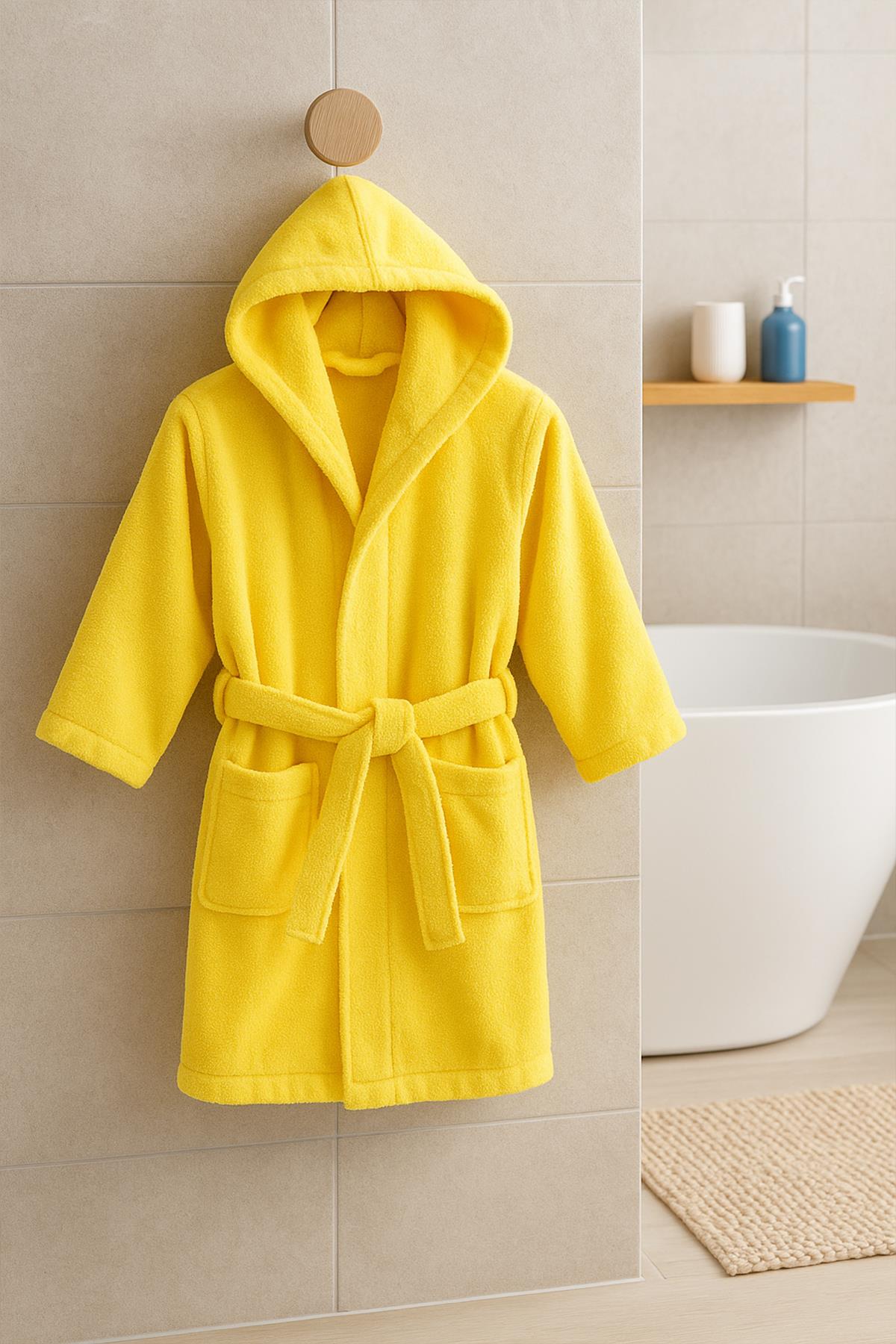 CottonVerse Genç & Çocuk Kapşonlu Bornoz – %100 Pamuk, Unisex Sarı - Ender Home