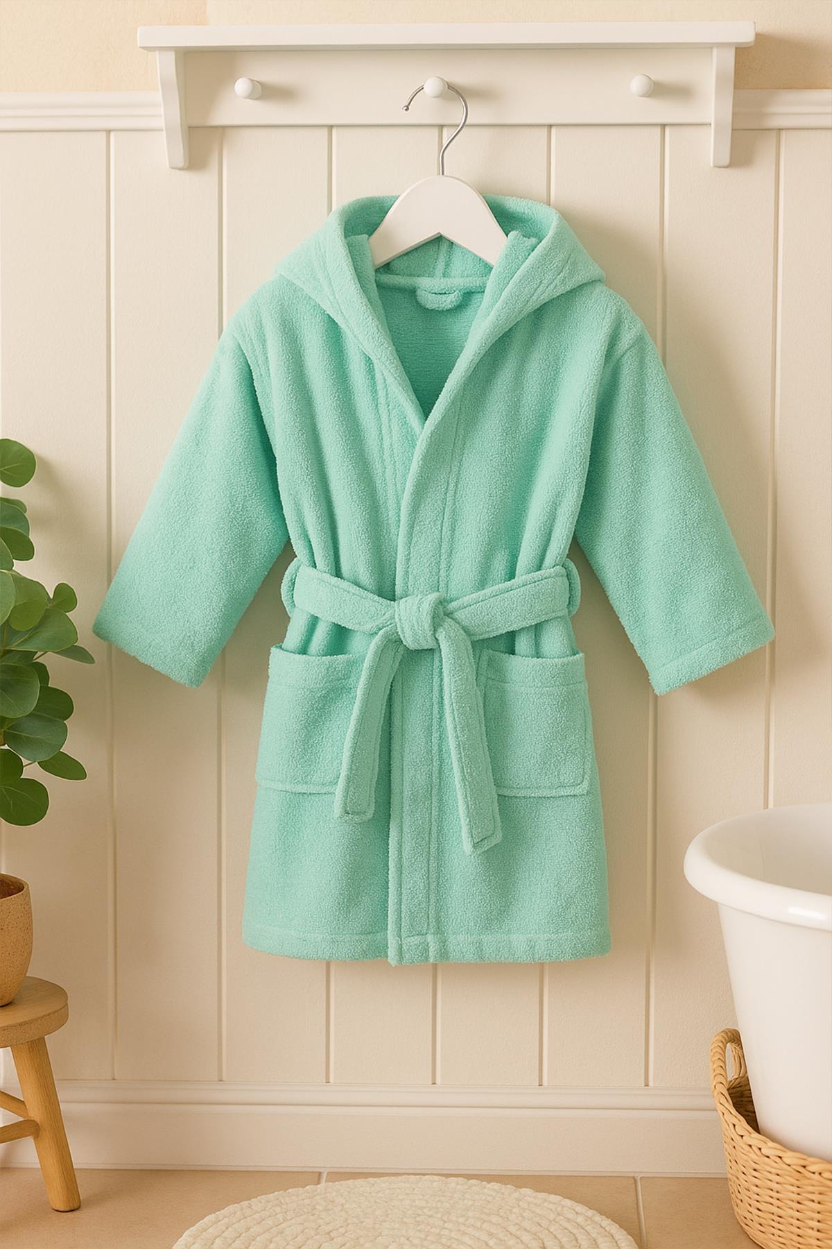 CottonVerse Genç & Çocuk Kapşonlu Bornoz – %100 Pamuk, Unisex Su Yeşili - Ender Home