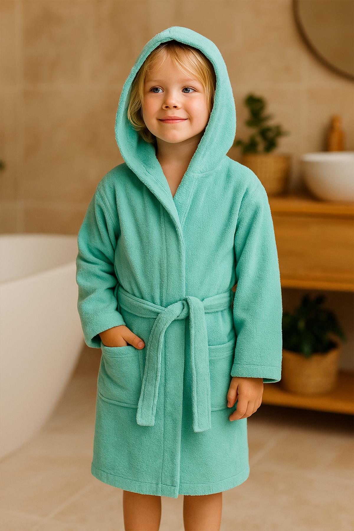 CottonVerse Genç & Çocuk Kapşonlu Bornoz – %100 Pamuk, Unisex Su Yeşili - Ender Home