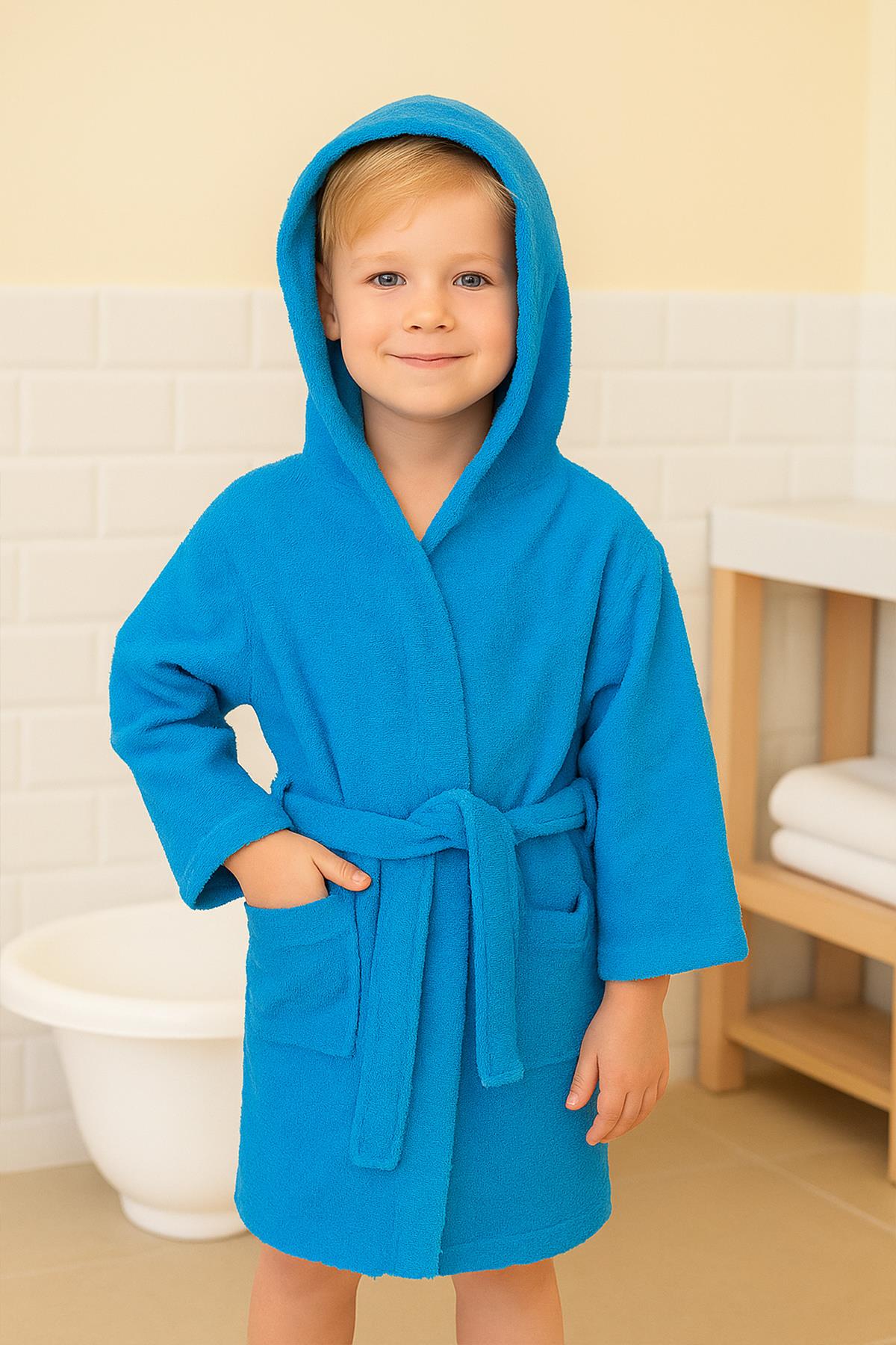 CottonVerse Genç & Çocuk Kapşonlu Bornoz – %100 Pamuk, Unisex Turkuaz - Ender Home