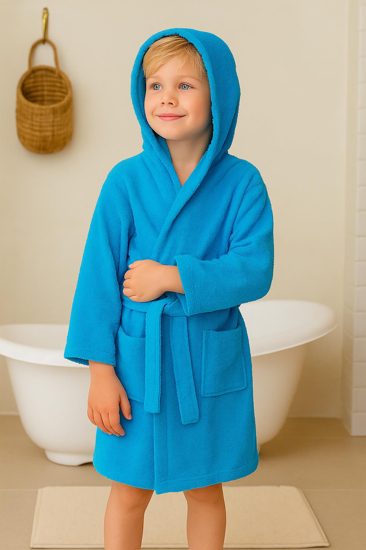 CottonVerse Genç & Çocuk Kapşonlu Bornoz – %100 Pamuk, Unisex Turkuaz - Ender Home