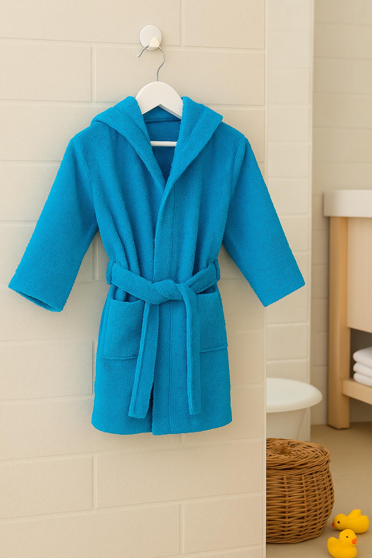 CottonVerse Genç & Çocuk Kapşonlu Bornoz – %100 Pamuk, Unisex Turkuaz - Ender Home