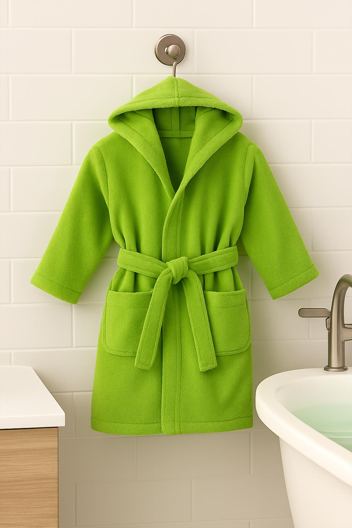 CottonVerse Genç & Çocuk Kapşonlu Bornoz – %100 Pamuk, Unisex Yeşil - Ender Home