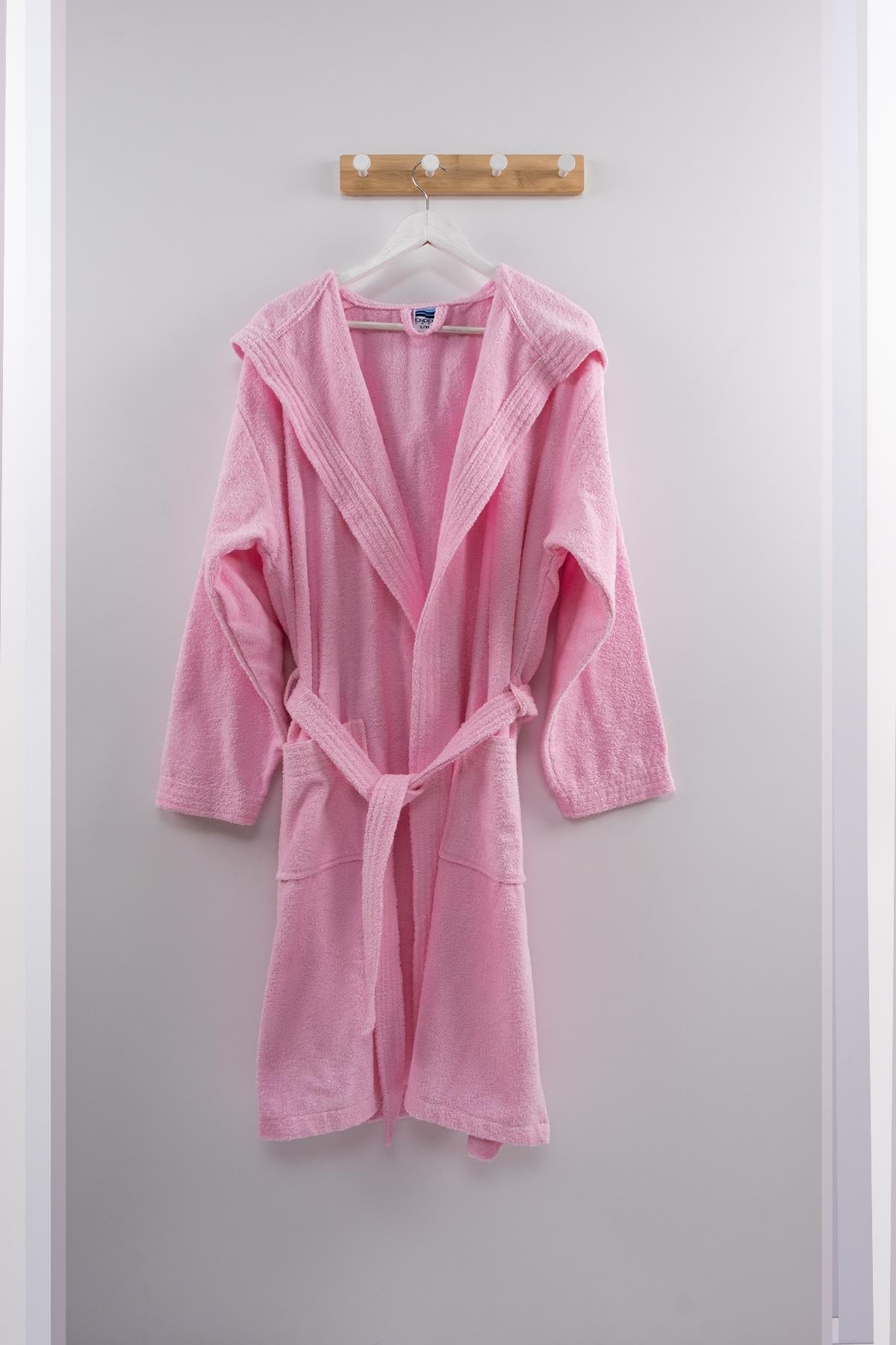 CottonVerse Kapüşonlu Bornoz – %100 Pamuk , Unisex Açık Pembe - Ender Home