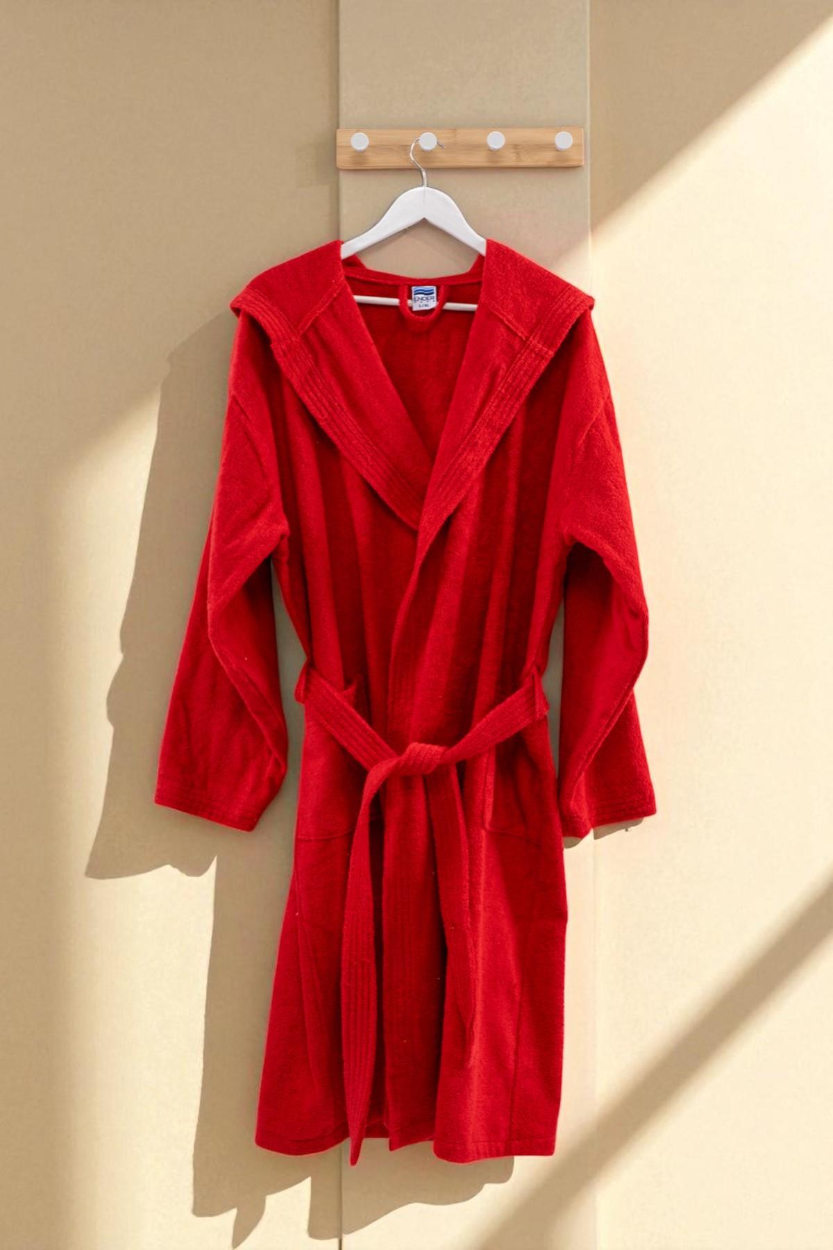 CottonVerse Kapüşonlu Bornoz – %100 Pamuk , Unisex Kırmızı - Ender Home