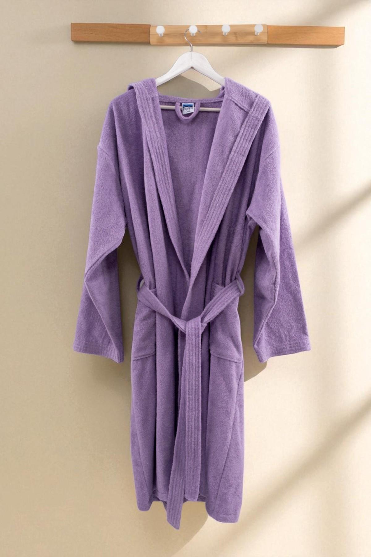 CottonVerse Kapüşonlu Bornoz – %100 Pamuk , Unisex Lila - Ender Home