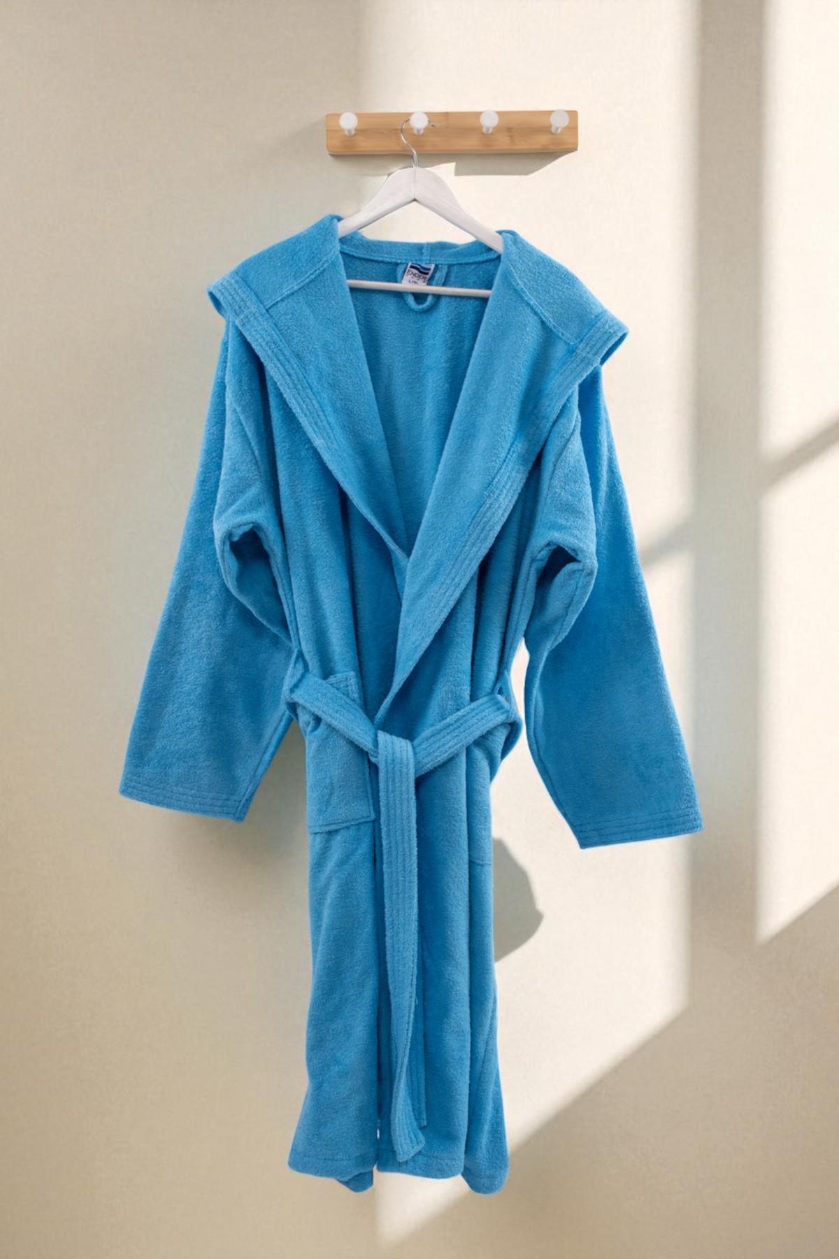 CottonVerse Kapüşonlu Bornoz – %100 Pamuk , Unisex Mavi - Ender Home